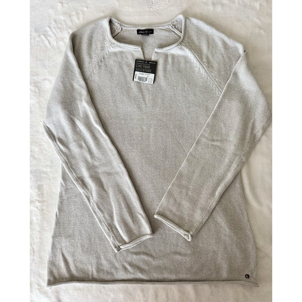 Eddie Bauer Sweater Womens Medium Heather Grey Cotton Knit Split Neck Collar (B3